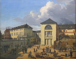 Academy at Düsseldorf (outdoor landscape of buildlings and peole in a square)