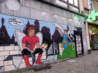 cartoon painted on building wall
