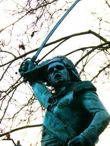 shouting soldier with raised sword