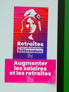 Woman in hat in style of French revolution; poster asks people to decide on pensions and to raise salaries and pensions.