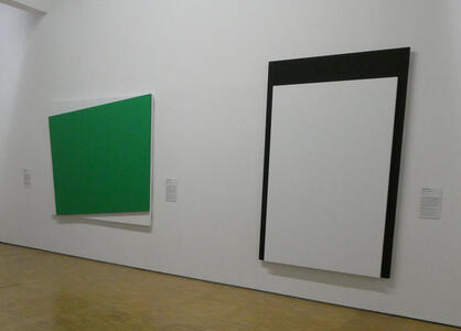 Green tilted square on white background; other painting is white rectangle offset over black background