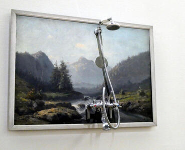 Painting of landscape with river; shower head attached to painting at mouth of river