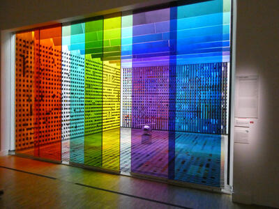 room with multiple colored glass panels