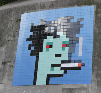 mosaic man with green face smoking cigarette