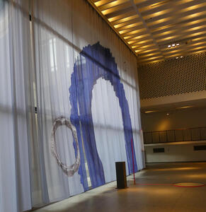 curtain with painted blue arch