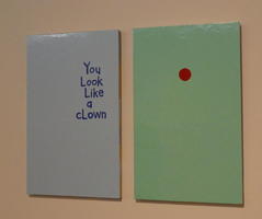Diptych: on left, “You look like a clown”; on right, a green panel with a red dot