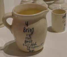 Ceramic pitcher with writing: U bring out the best suicidal tendencies in me.