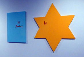 Diptych: square on left “hi Jewboy”; six-pointed yellow star on right ”hi”