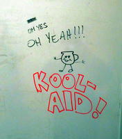 Whiteboard drawing of Kool-Aid man with text “Oh yes oh yeah!!! Kool-Aid!”