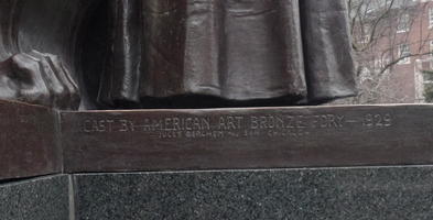 Engraved on side of Alma Mater statue: Cast by American Art Bronze Fdry - 1929 / Jules Berchem and Son, Chicago