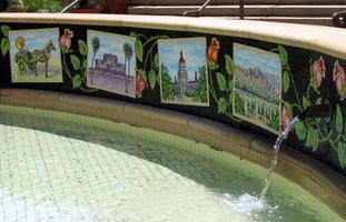 Mosaic tiles that look like old postcards, showing Pasadena and environs