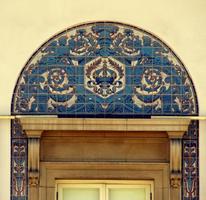 Blue tile scrollwork at Pasadena theater