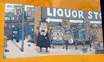 Mural of various stereotypical characters waiting at a bus stop. Painting by Zakai (spaceisflat.com)