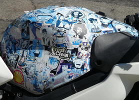 Stickers on a motorcycle's gas tank