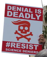 Skull and crossbones w. combover: Denial is deadly; #resist science deniers
