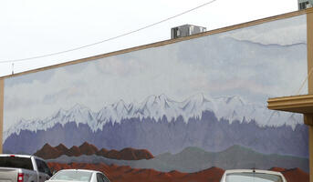 Mural of mountain range with snow-capped mountains