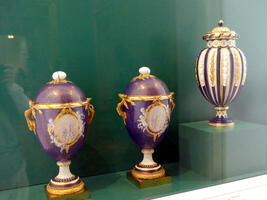 Purple urns in shape of hot air balloons