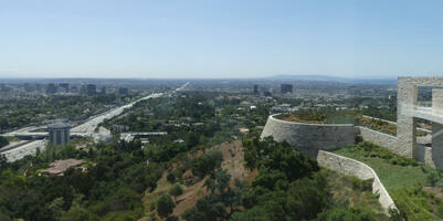 View of Getty Museum gardens on right and Los Angeles on left
