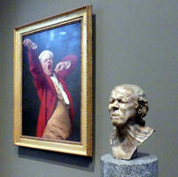 Portrait of yawning man at left, bust of vexed man with lips pursed on right.
