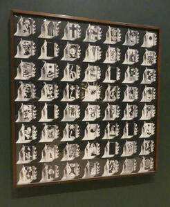 Collage of photographic negatives of a hand holding a variety of photos