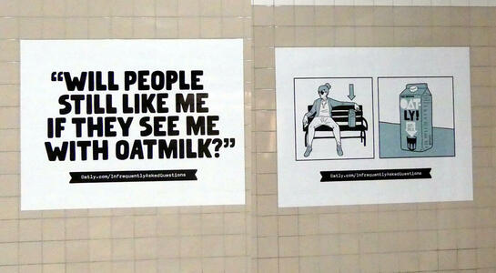 Will people still like me if they see me with oatmilk? (Picture shows woman on bench sitting next to carton of oatmilk)