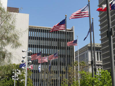 Flag poles with current and historical US flags