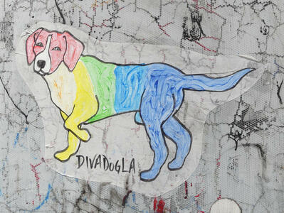 Sticker showing dog colored in red, yellow, green, and blue; text: DivaDogLA