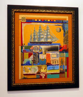 Mixed media collage with old sailing ship as primary focus