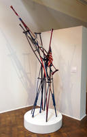 Sculpture made of crutches with USA flag in center
