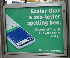 Text for bigbluebus: Easier than a one-lettetr spelling bee. Download Transit. Buy your ticket. And go.