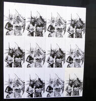 Poster with multiple black and white panels showing two women in aztec headdresses; alternate panels are photo negative