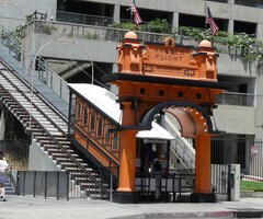 Entrance to Angel’s Flight funicular with orange railway car