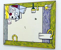 Painting of a wooden frame with paintbrushes, a horseshoe, and a small painting in the corner