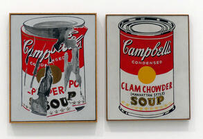 Two Campbell’s soup cans, one with a torn label and the other with an intact label.