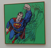 Full color drawing of Superman in flight “shadowed“ by a pencil outline of same