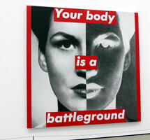 Vertically split positive/negative woman's face with text: Your body is a battleground