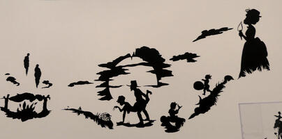 Silhouettes of cooking food and people playing