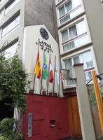 Hotel exterior; many south american flags outside