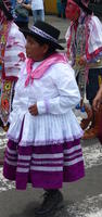 Woman in traditional Peruvian costume with purple skirt