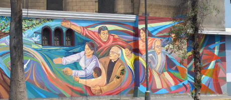 mural on side of church of people