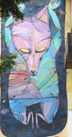 Wall art; colorful coyote/fox-like creature.