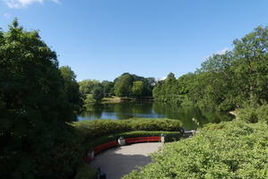 Lake in park, benches in foreground