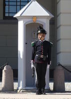 Guard in black uniform at small guard house