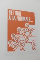 Red poster with line drawing of sheep; “Return to  normalcy.”
