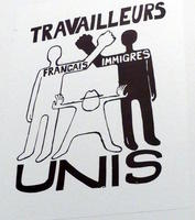 Men labeled French/Immigrants linking arms; man in hat trying to separate them: Workers United