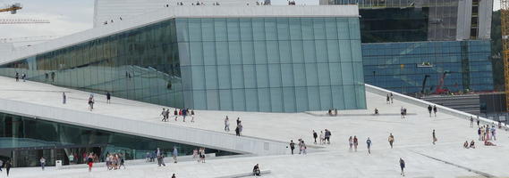 Opera house,  white concrete ramps, glass window exterior