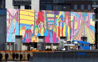 Very large, brightly colored wall painting of people