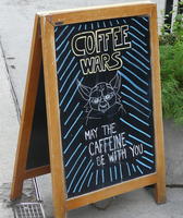 Drawing of Yoda with words: Coffee wars - may the caffeine be with you