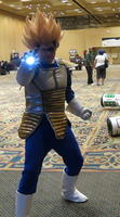 Man in blue costume with spiky blonde hair