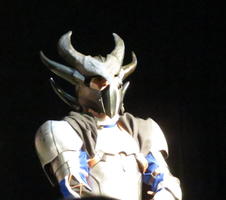 Man in metal armor with horned helmet
